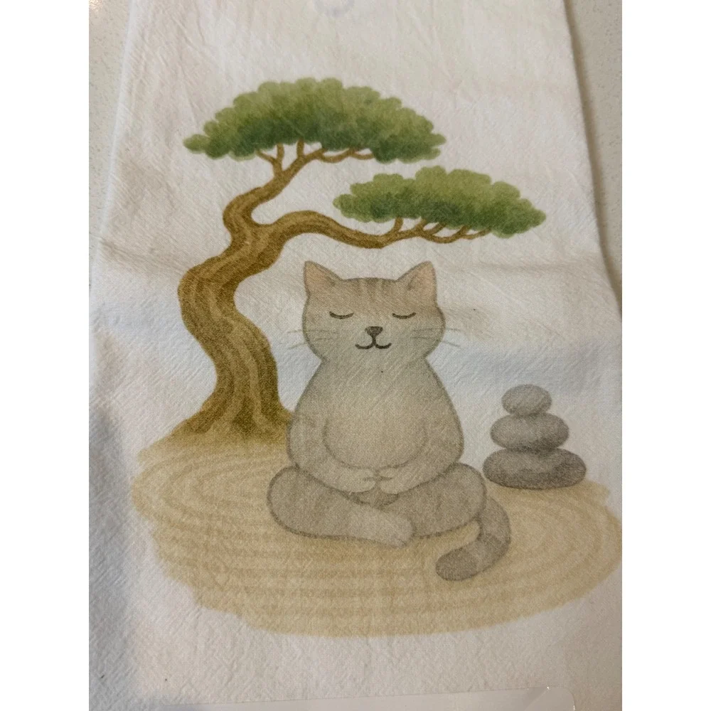 Gotham Gifts Zen Cat Bonsai Tea Towel Set of 2 Yellow & Grey Meditating Cats NEW